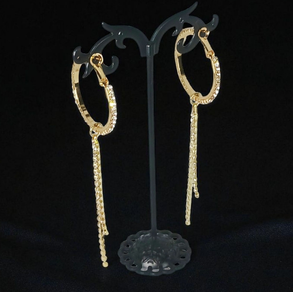 Gold Plated Sterling Silver Rhinestone Drop Hoop Earrings Fringe Vegas Showgirl - Picture 3 of 15